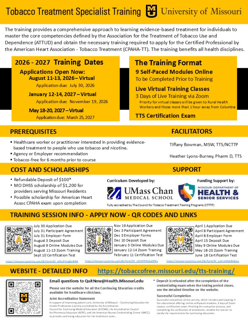 TTS Flyer for 2026 - 2027 detail with dates, QR codes to applications, CE info